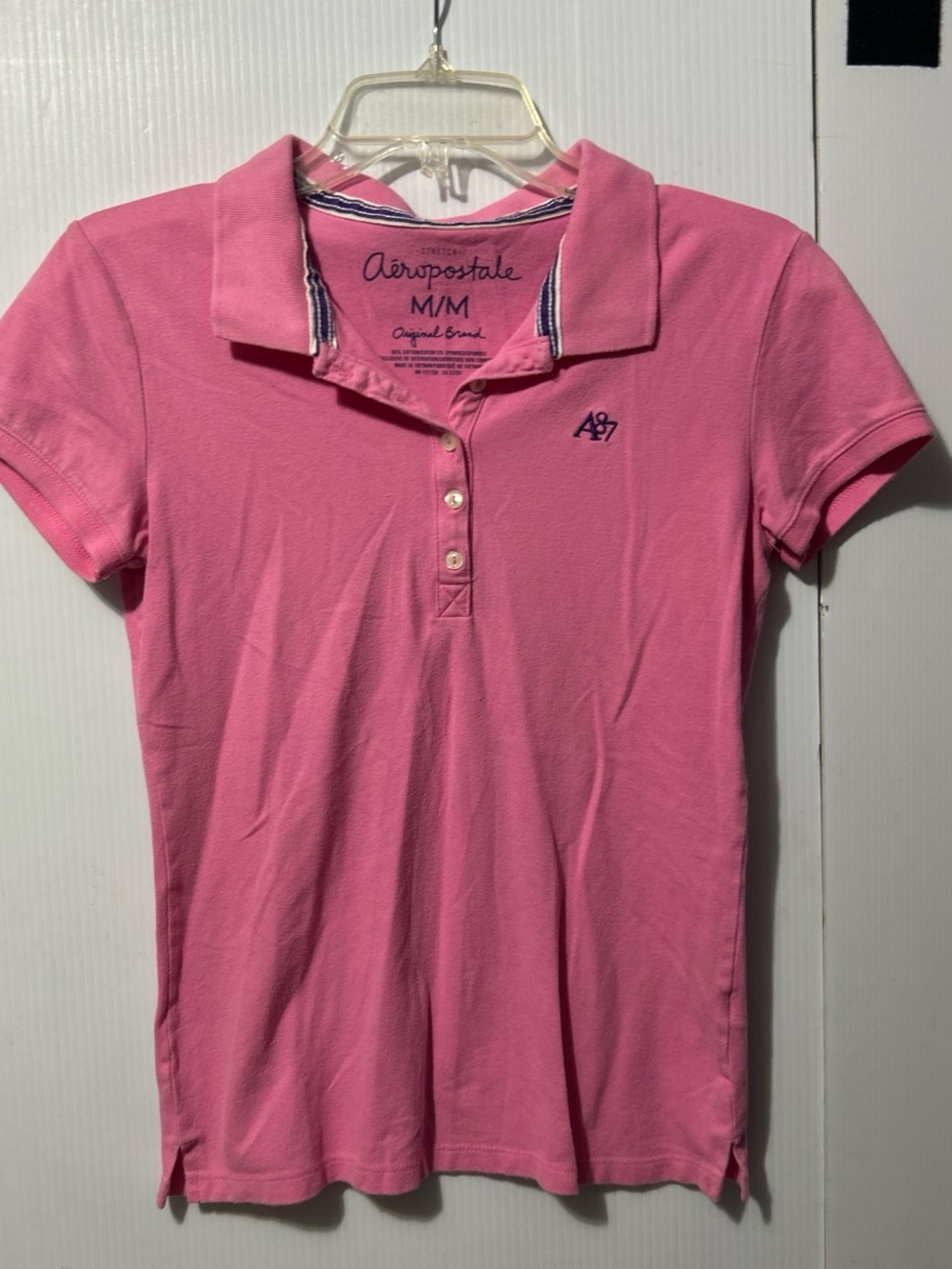 Aeropostale Women's Hot Pink Polo Shirt with Navy Accent